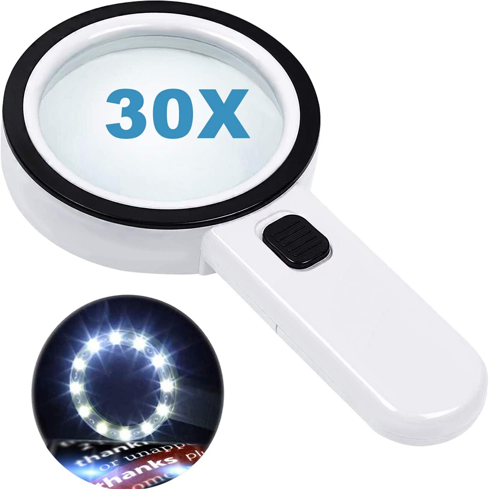 Handheld Reading Magnifier with LED Lights Portable Non-slip Magnifying Glass with Long Handle 30X