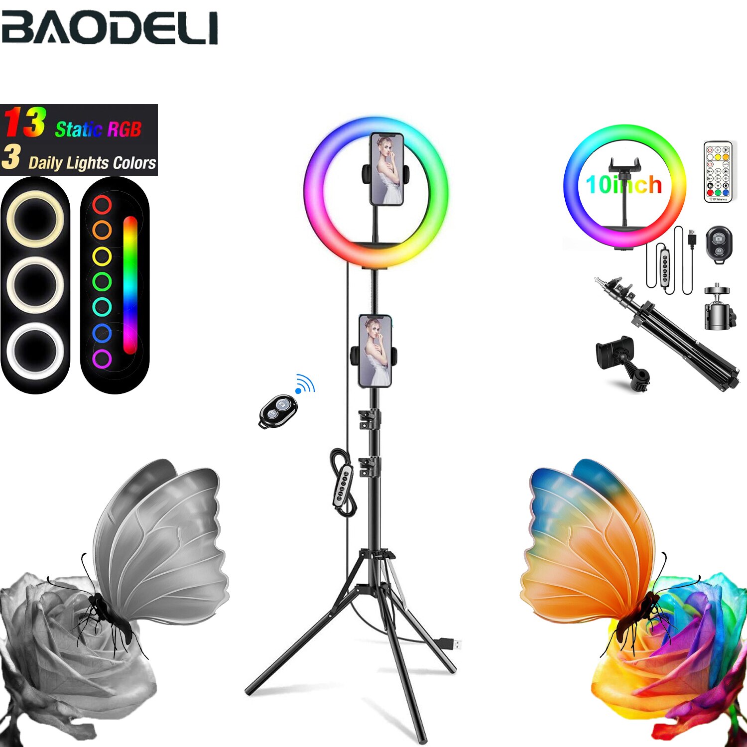 10in Rgb Led Kleur Selfie Ring Licht 79 "Statief Fotografie Ringlicht Telefoon Standhouder Cirkel Vullen Licht Lamp Trepied make-Up