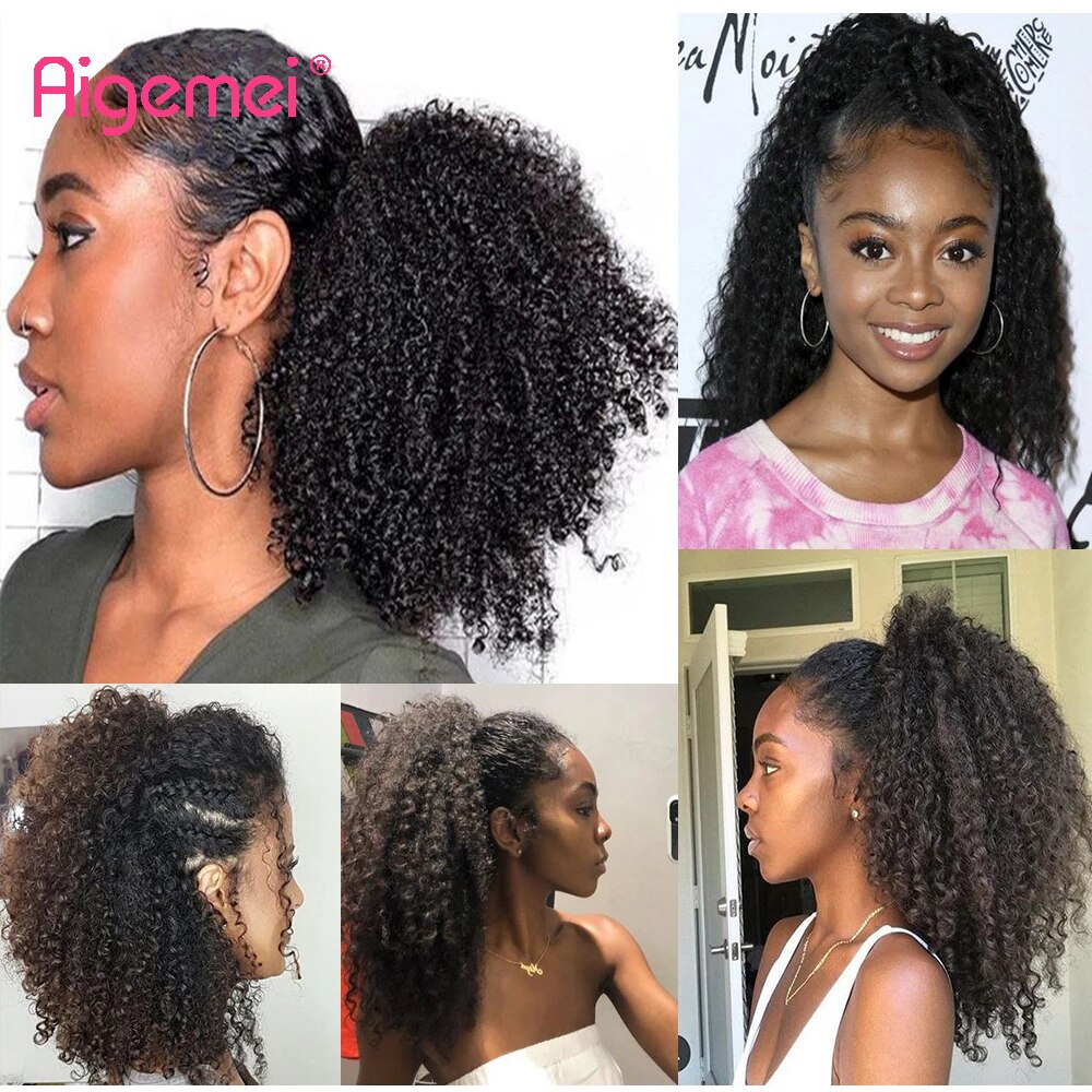 Aigemei Afro Kinky Curly Drawstring chignon Puff Ponytail African Hair Extension Synthetic Clip in Pony Tail Hair Extensions