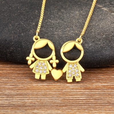 Nidin Hete Verkoop Familie Liefde Moeder Vader Zoon Dochter Ketting Meisje Jongen Hart Hanger Zirkonia Koppels Sieraden: Rood-Bruin