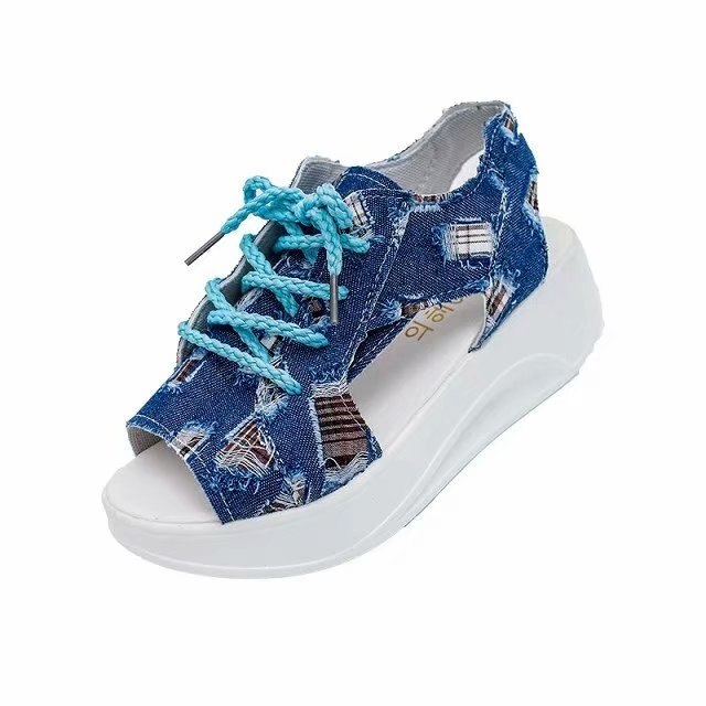 Strand sandaler kvinder denim hul platform sandaler flade afslappede studerende lærred sandaler til damer sandalier a -78: 1 / 6
