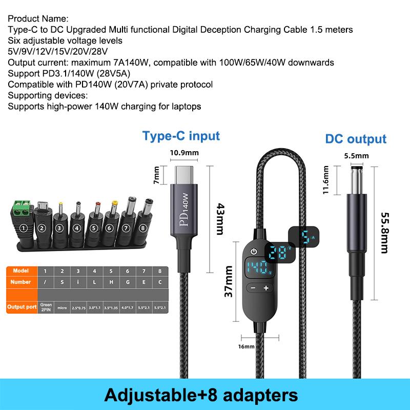 USB C Naar DC Power Boost Kabel Verstelbare Spanning Adapter Connector Cord Voor Laptop Router PD140W/5 V/9 V/12 V/15 V/20 V/28 V: groen