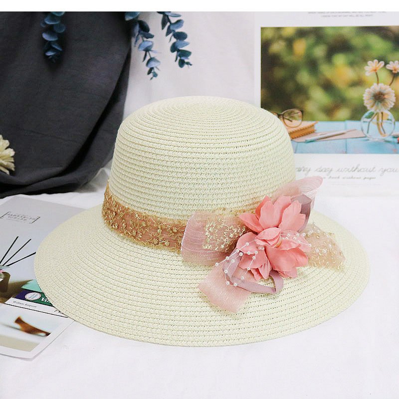 Women Summer Women's Sun Hat Bucket Cap Beige Lace Bowknot Flowers Ribbon Flat Top Straw Hat Beach Caps Panama: Red