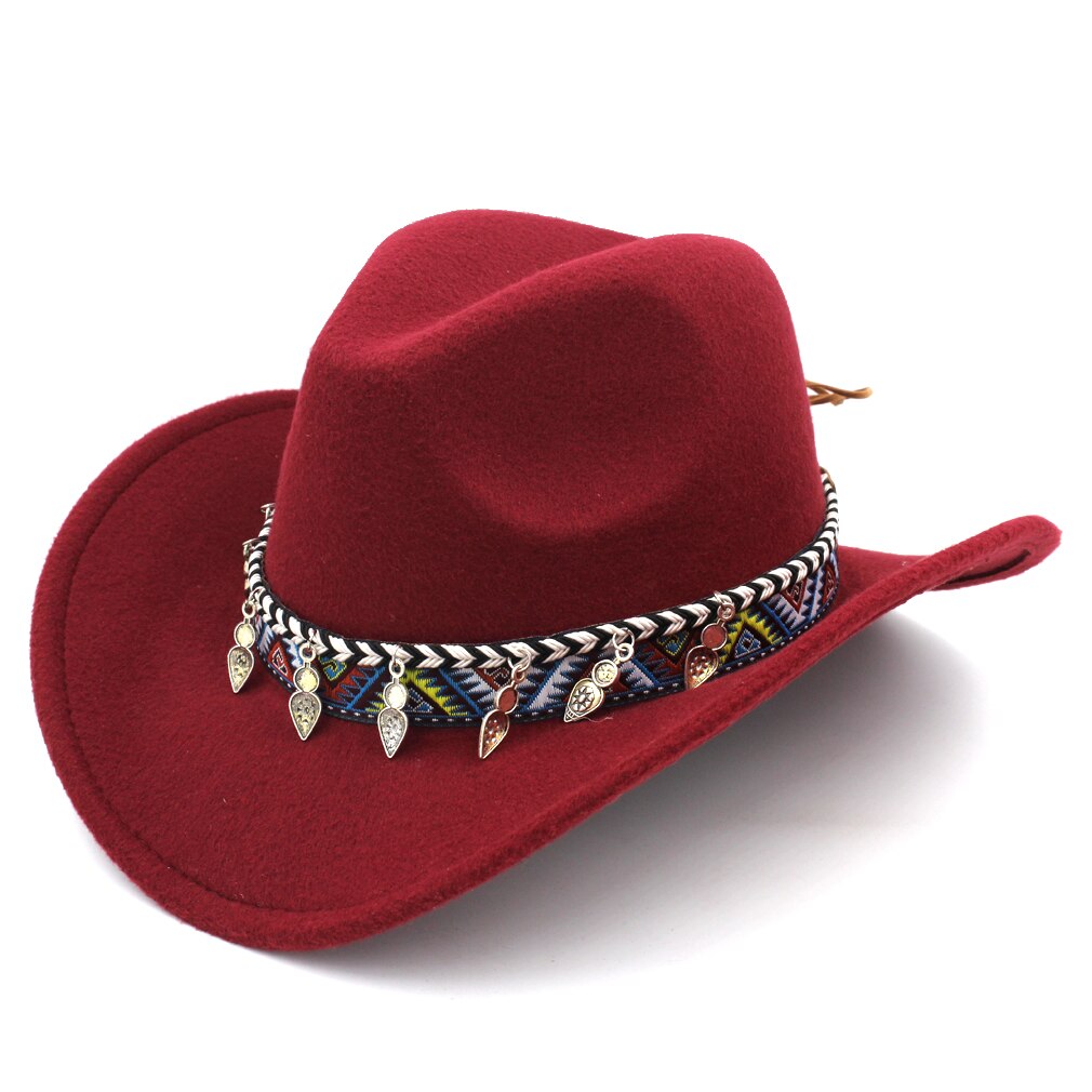 Mistdawn western cowboy hattu cowgirl puku lippis jäykkä lieri naisille miehille monivärinen nauhanauha koko 56-58cm bbh: Viininpunainen