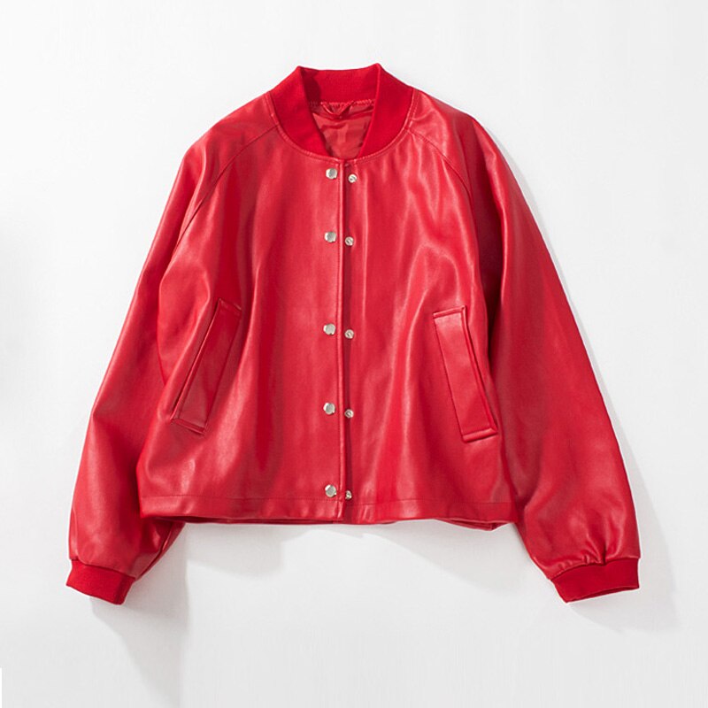 Chaqueta de cuero sintético para mujer, abrigo corto de piel sintética suave, negro y rojo, chaqueta de motorista con cremallera, holgado de talla grande, prendas de vestir, otoño: Rojo / L