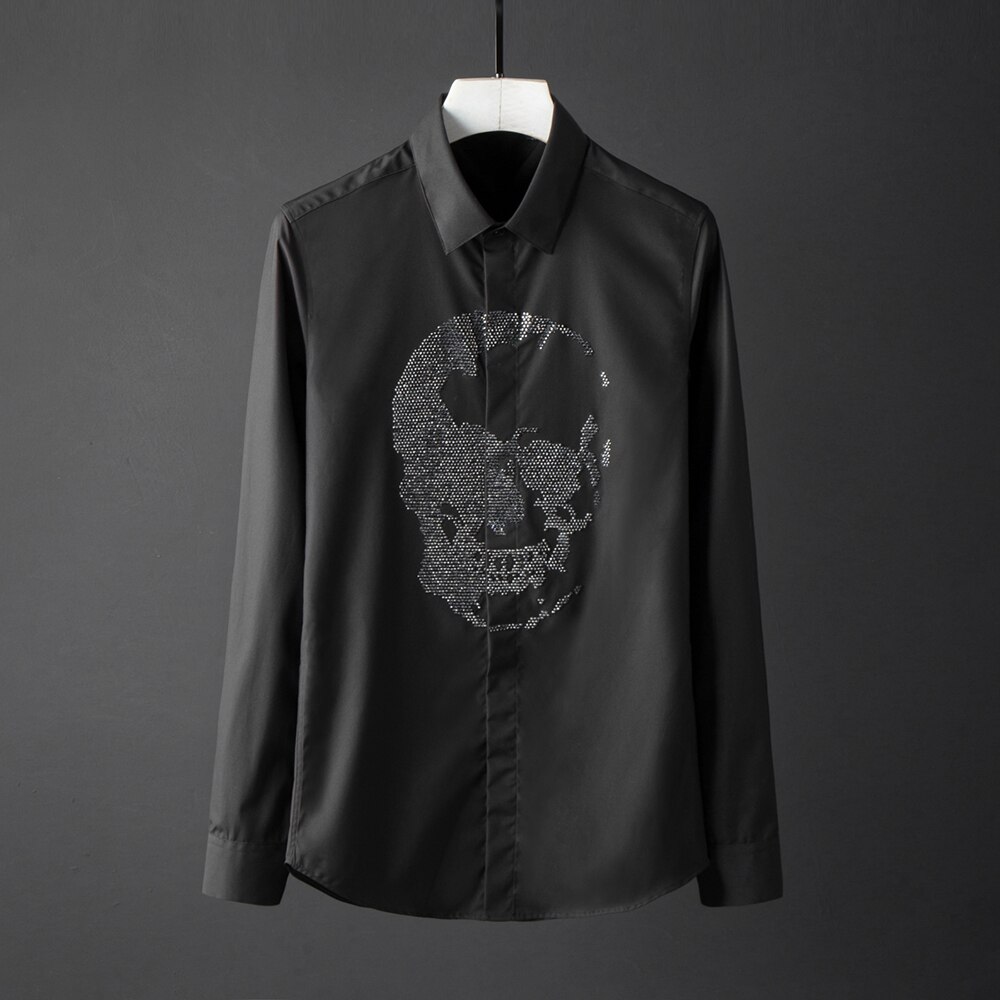 Enfärgade herrskjortor lyxiga kristalldiamantskalle långärmade herrskjortor slim fit fritidsskjortor plus storlek 4xl