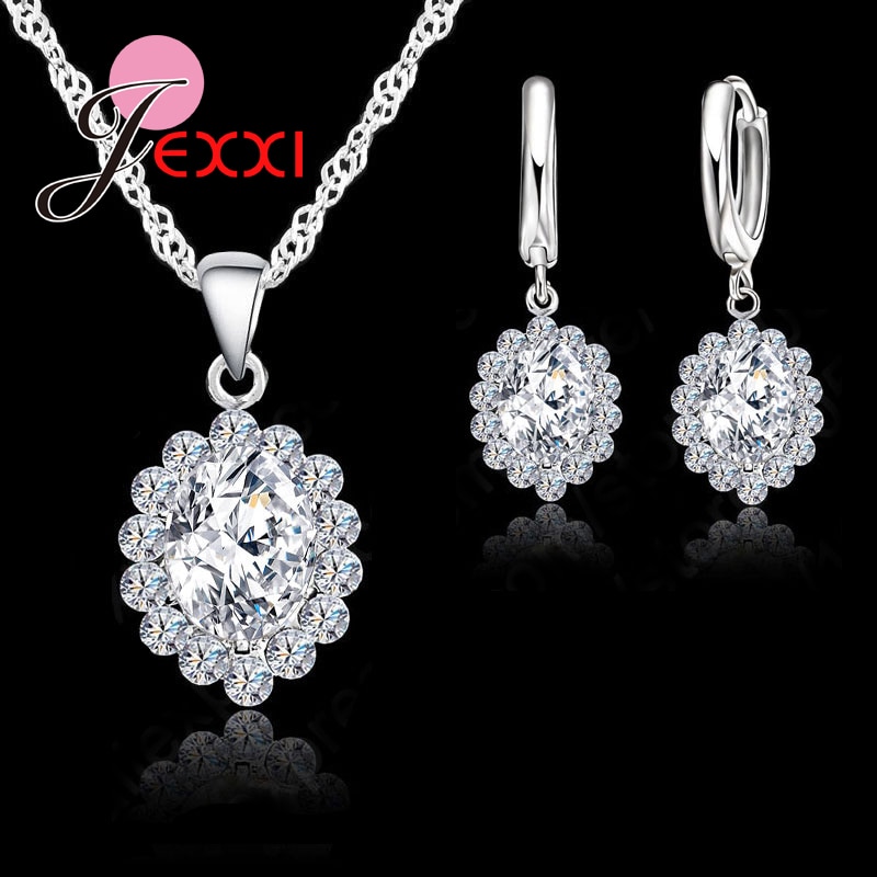 Dazzling Cz Kristallen Hanger Ketting Oorbellen Set 925 Sterling Zilver Elegante Sieraden Set Vrouwen Valentijn Cadeaus