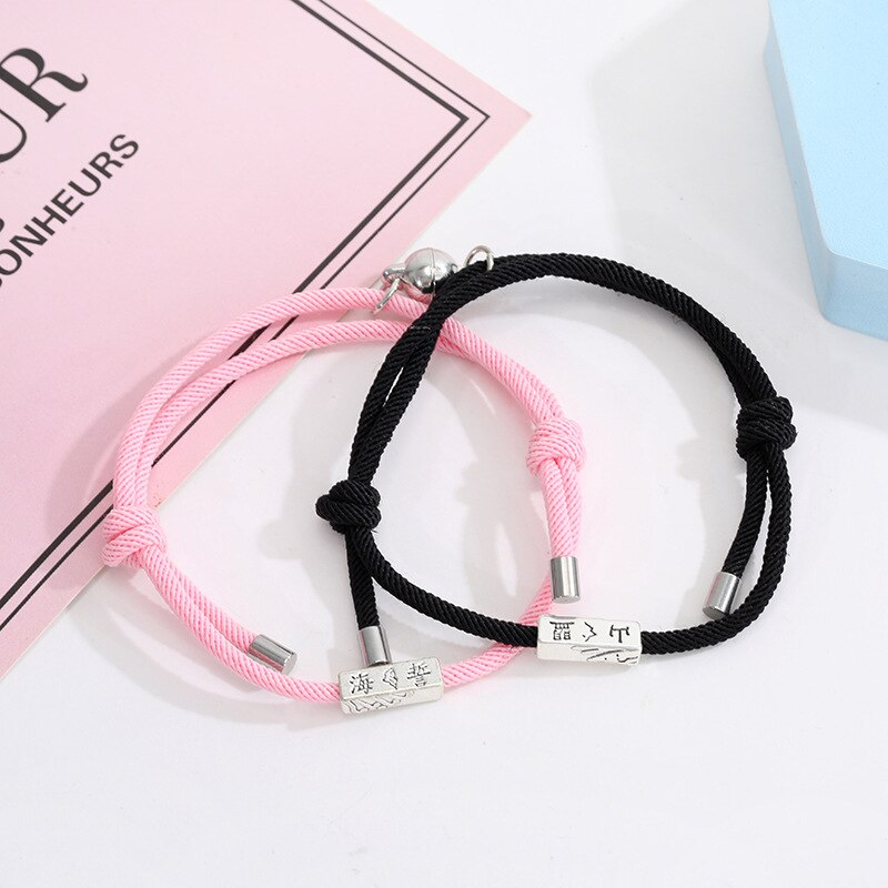 2Pcs Minimalistische Bijpassende Vriendschap Armband Touw Gevlochten Paar Magnetische Trekken Elkaar Afstand Armband Minnaar Sieraden: Black Pink