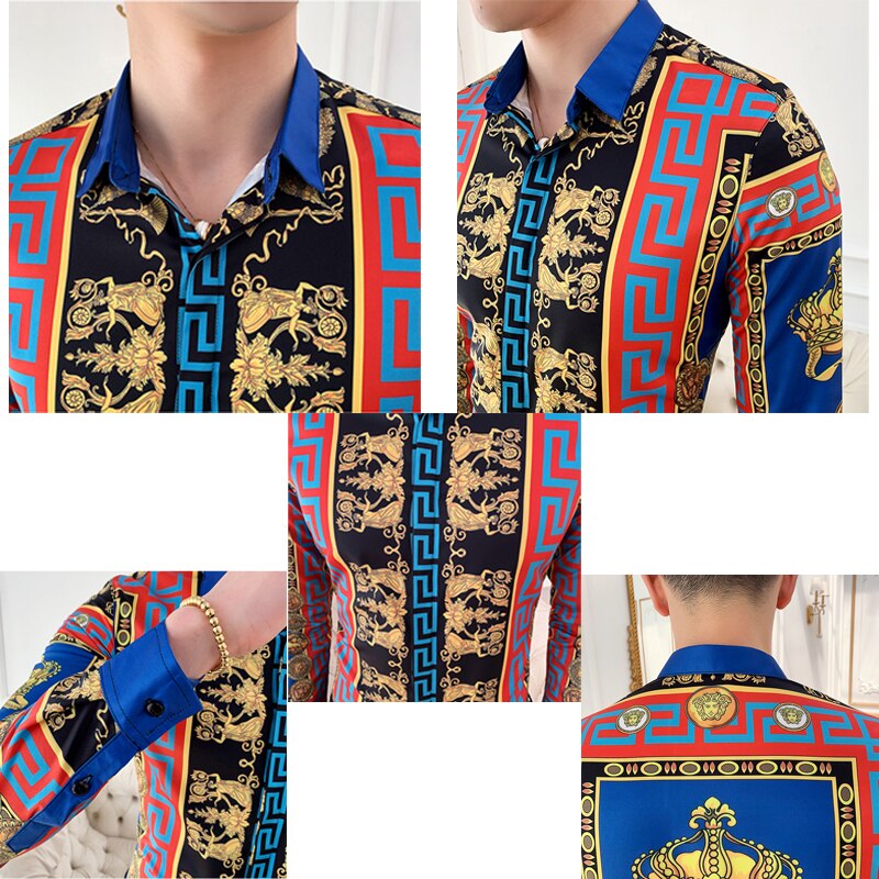 Blumen- Männer Hemd Neue Druck Männer Luxus Hemden schlank passen lässig Langarm Geschäft Hemd Homme M-4XL