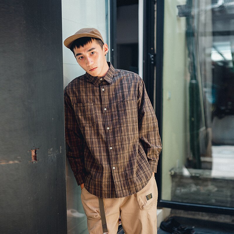 Japanse katoenen heren geruite overhemden met lange mouwen, retro trend, geruite overhemden, heren overhemd met zak, herfst, heren casual overhemden, 50