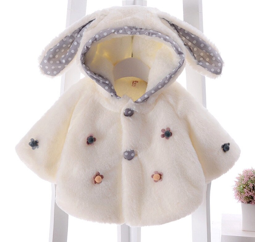 Del Bambino di natale Dei Bambini Vestiti Della Ragazza Infantile di Inverno Caldo Cappotto di Lana Mantello Miscele Giubbotti Bambini Orecchie di Coniglio di Velluto di Spessore Tuta Sportiva: WHITE / 24M