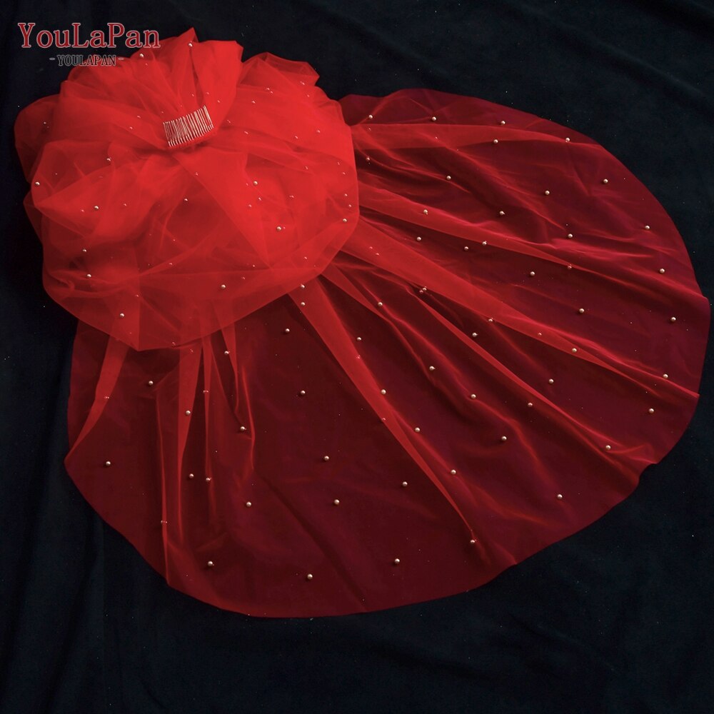 YouLaPan V89 Bridal Veil Red Coloured Bridal Veil Indian Bridal Red Veil with Pearl Cathedral Veil Wedding Baroque Bridal Veil