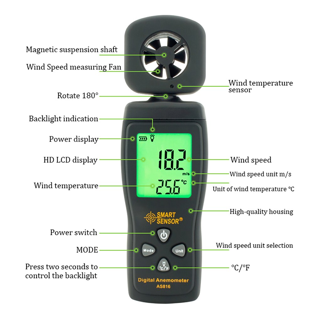 SMART SENSOR Air Flow Meter 0-30M/S Digital Anemometer Wind Speed Meter Tachometer Data Hold LCD Backlight Temp measure AS816