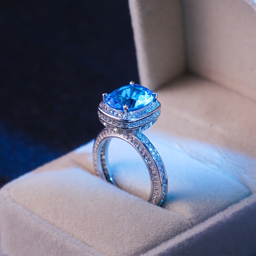 Huitan luxo céu azul zircão pedra anéis de casamento para as mulheres vintage presente de aniversário para a esposa elegante anel de jóias de noivado