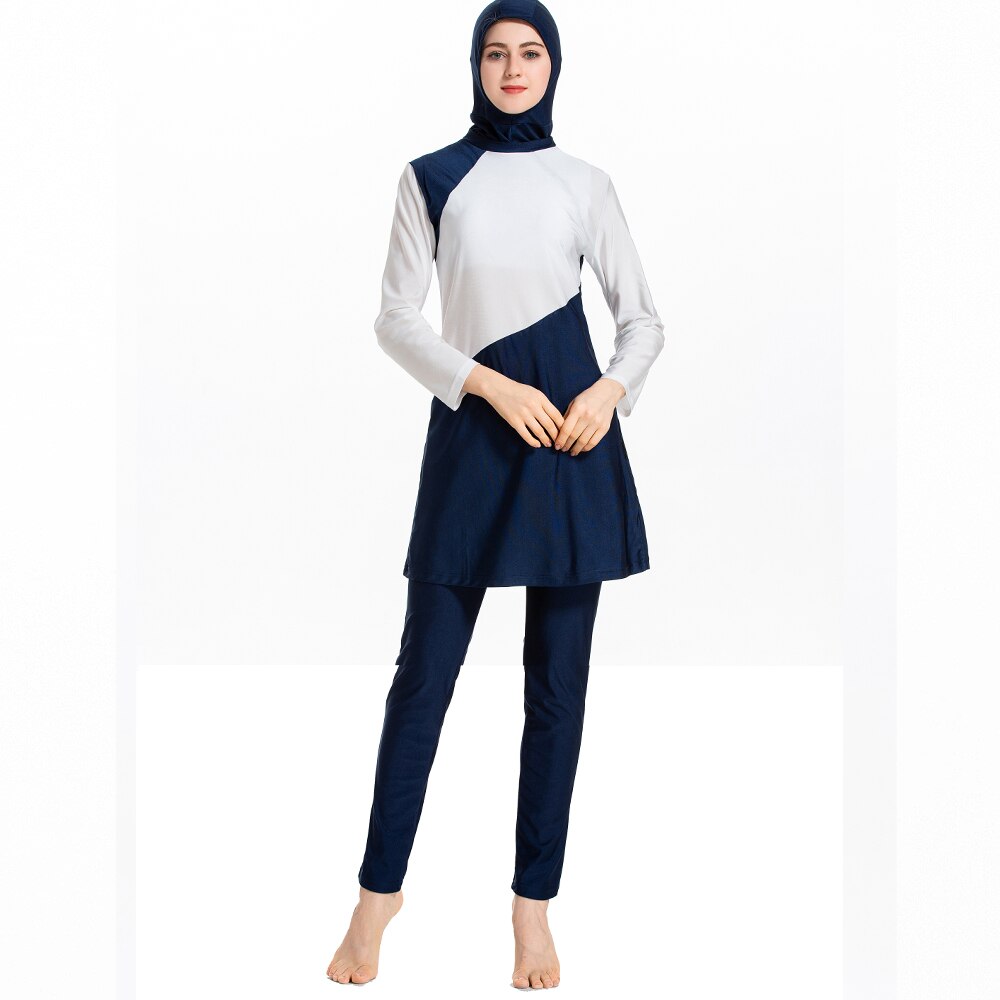 HAOFAN Musilin Hijab Badeanzug Neue Burkini Langarm Muslimah Badeanzug Frauen Islamischen Gewohnheit Femme Burkinis Patchwork Farbe: blue / 4XL