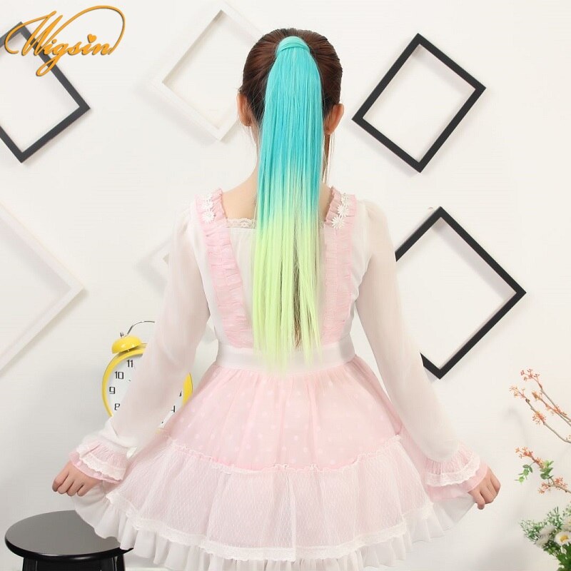 WIGSIN Synthetic Ponytails Wrap Around Clip In Hair Extension 22Inch Long Wavy Ponytail Ombre Red Pink Style Hairpiece for Women