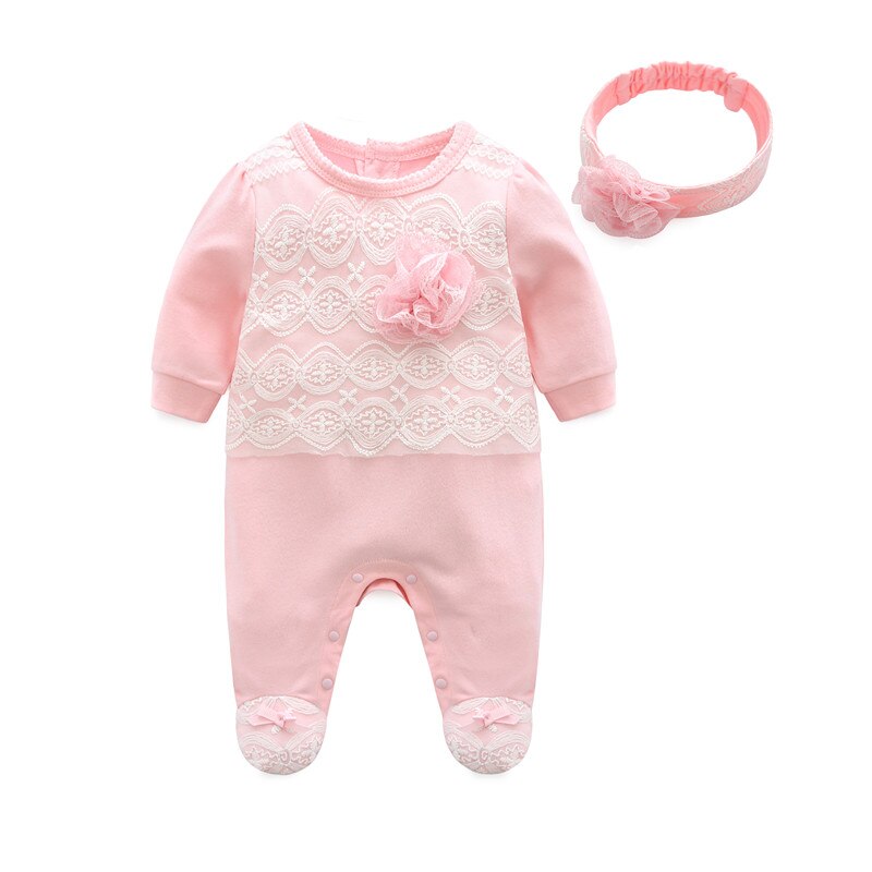 Prinsesse nyfødt baby pige tøj blonde blomster jumpsuit & pandebånd 2 stykke piger tøj sæt spædbørn forår romper: Lyserød / 12m