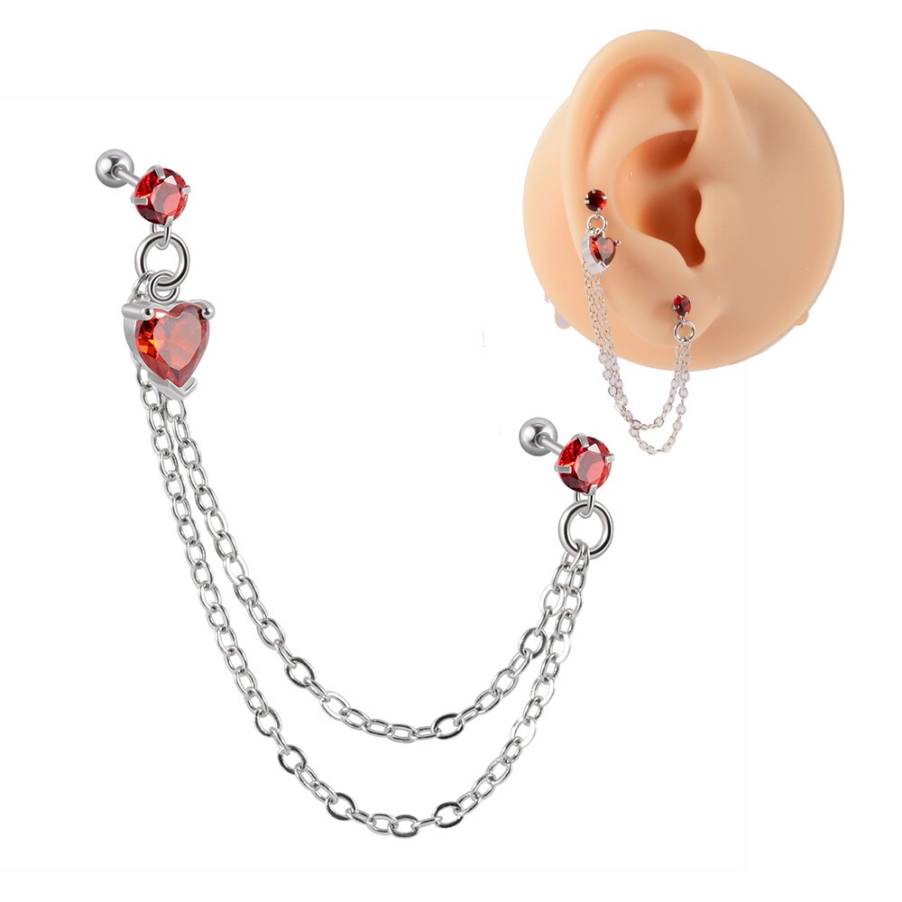 1Pc Chirurgisch Staal Cz Gem Oor Tragus Kraakbeen Piercing Zirkoon Dangle Chain Earring Conch Oor Stud Helix Piercing Body sieraden: 1PC Red Heart