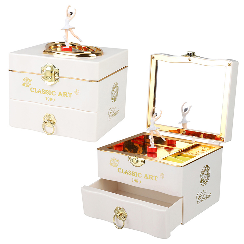 Classic Nostalgic Spring Simulation Music Box Rotating Dance Jewelry Music Box Ballerina Piano Clockwork Plastic Music Mechanism: white
