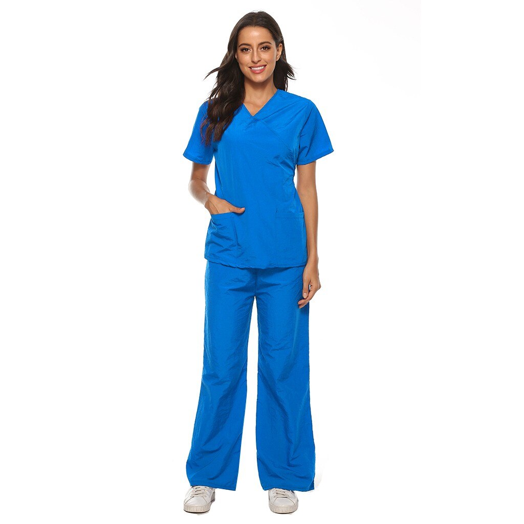 Women Workwear Short Sleeve V-neck Tops+Pants Nursing Working Uniform Set Suit Overalls Clothes Scrub uniform protection