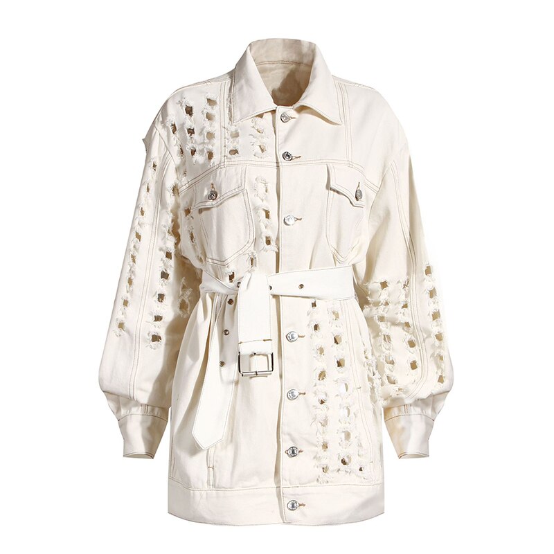 [eam] losse pasvorm beige gaten bandage grote maten spijkerjas revers lange mouw damesjas tij lente herfst 1 y 917: Beige / Ik