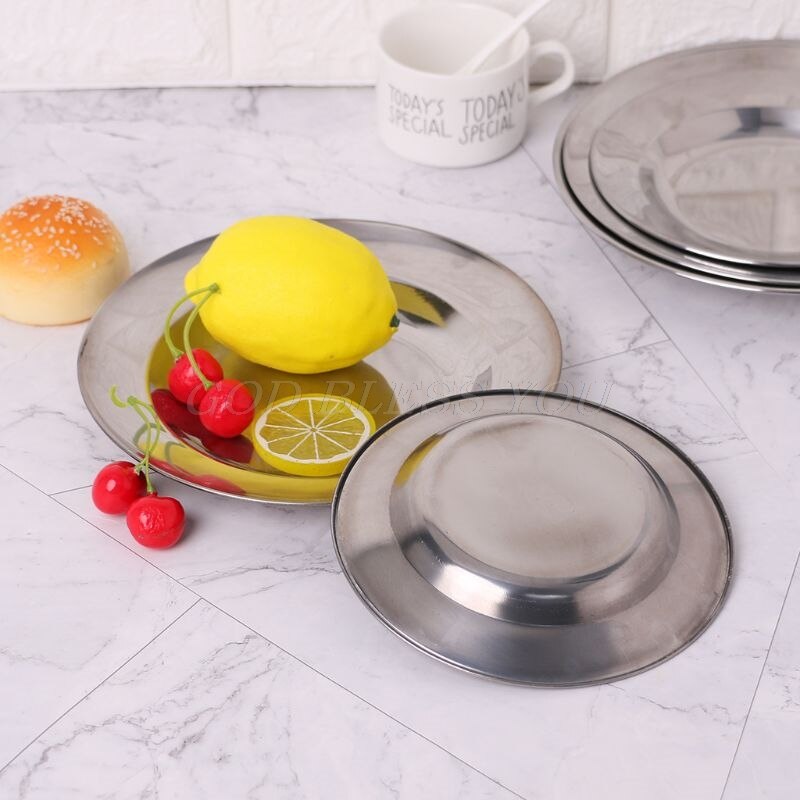 Rostfritt stål rund middag tallrik tallrik bricka mat behållare utomhus camping picknick porslin 16-24cm