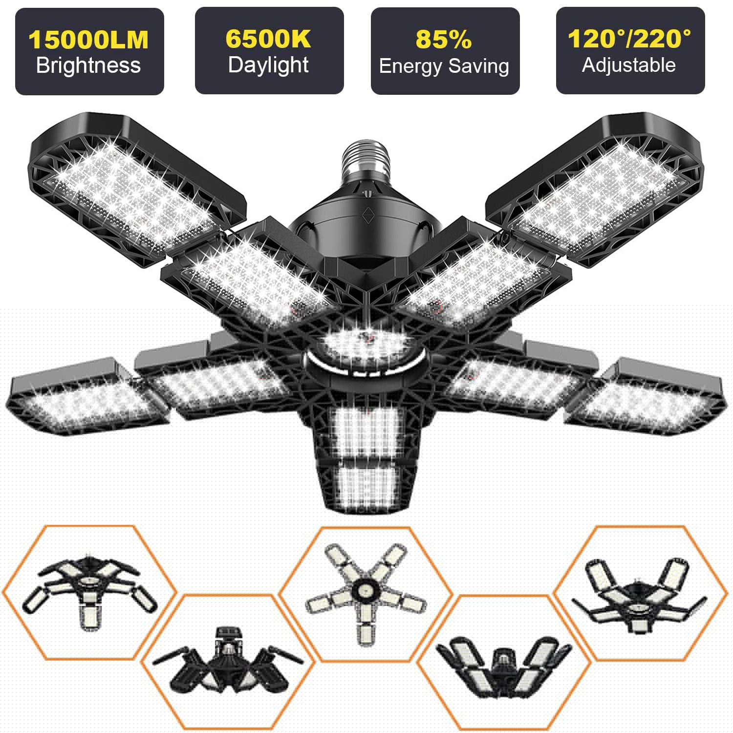 LED-Garagenleuchten mit 7/10+1 verstellbaren Paneelen, E26/E27, Decken-Shop-Arbeitslampe, 150 W, 6500 K Glühbirne für Werkstatt-Industriebeleuchtung: Blau