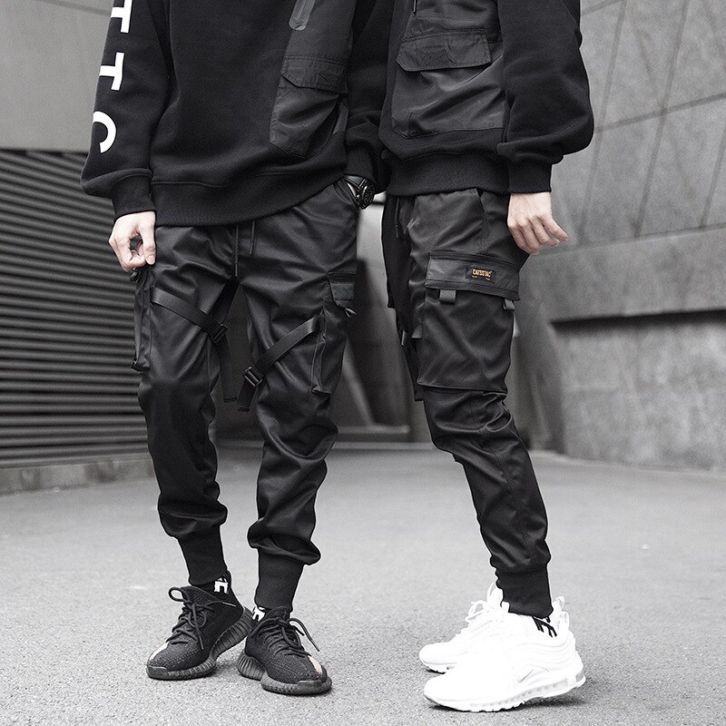Pantalones Cargo de bolsillo negro para hombre, pantalón de chándal Harajuku, pantalones de chándal, Hip Hop,