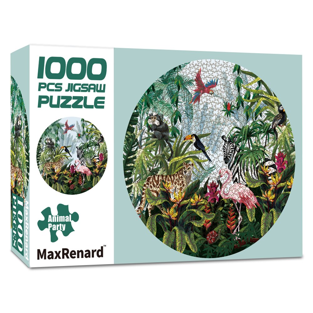 MaxRenard 1000 Pieces Round Shape Jigsaw Puzzles for Adults 70*70cm Paper Assembling Painting Puzzles for Adults: Animal Party