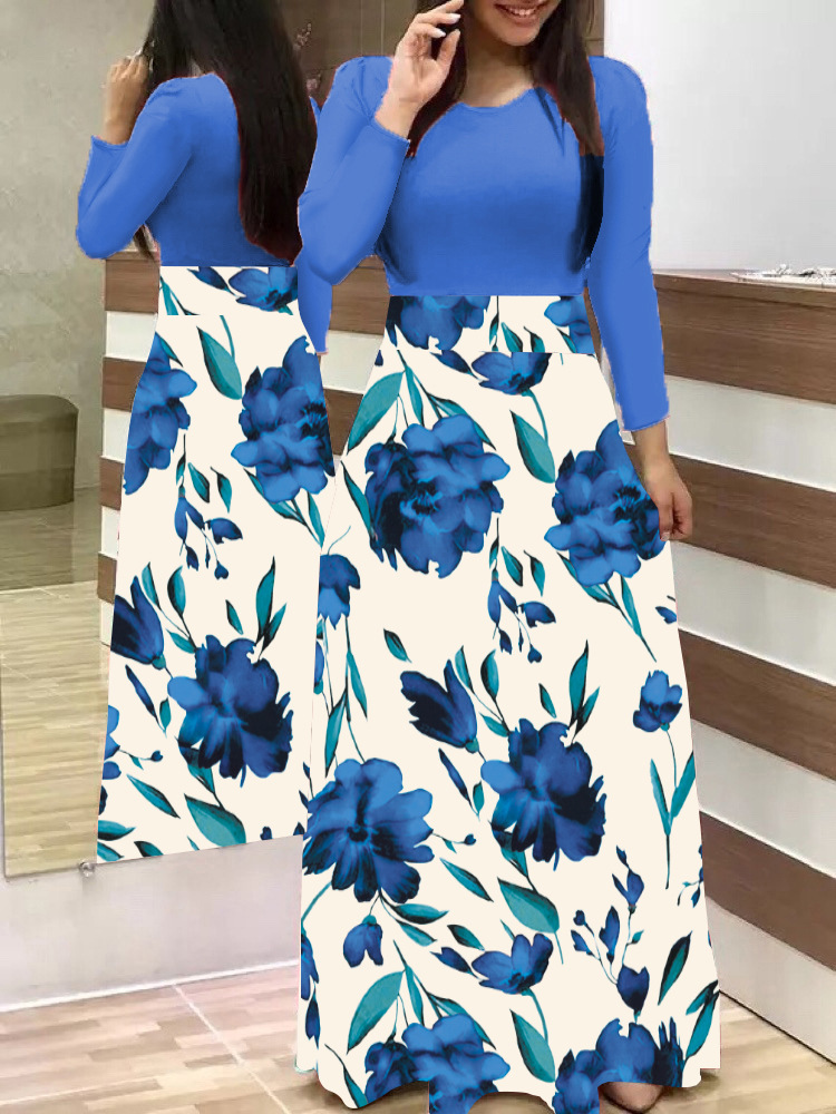 European and American style floral print color matching long sleeved dress, long women's large swing skirt: S / SKY BLUE