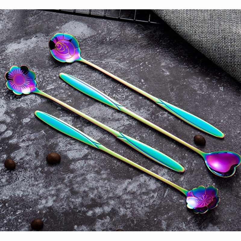 16 Types Stainless Steel Spoon With Long Handle Ice Spoon Coffee Spoon Flowers Heart Shape Dessert Spoon Kitchen Gadget