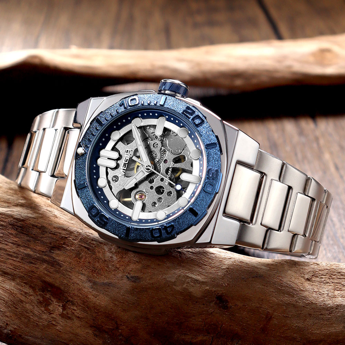 MEGIR Heren Automatisch Mechanisch Horloge - Skeleton Wijzerplaat, Roestvrij Staal Band, 3Bar Waterdicht