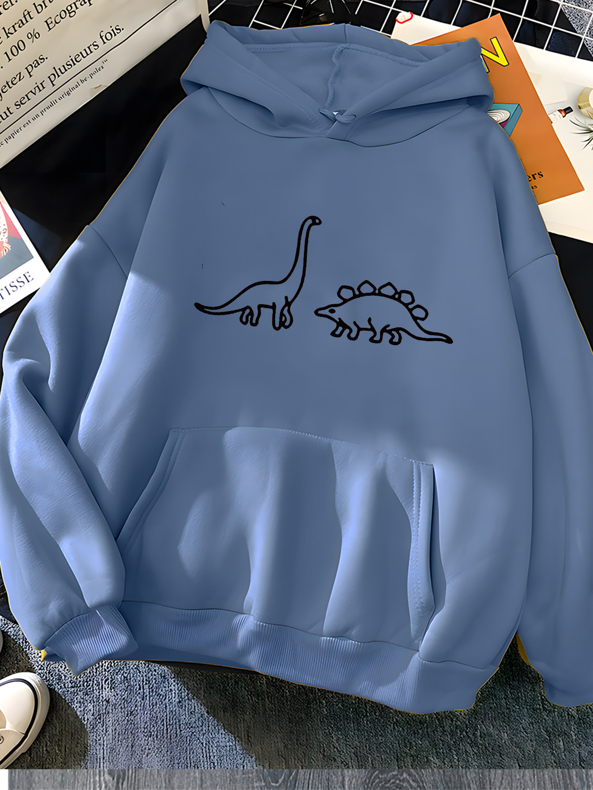 Hirsionsan-sudaderas con capucha con estampado de dinosaurios Kawaii para mujer, ropa deportiva informal holgada y suave, sudadera de lana para mujer 2023