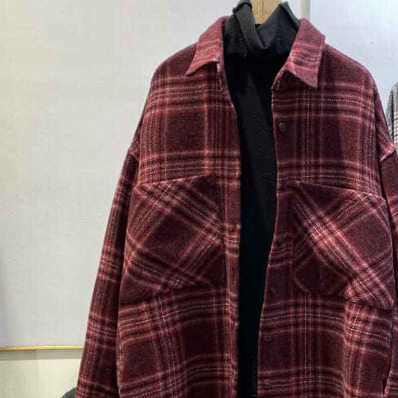E-baihui streetwear løs rutete skjorte jakke dame casual høst kvinner kåpe kvinne skjorte knapper lommer tweed korte kåper: Rød