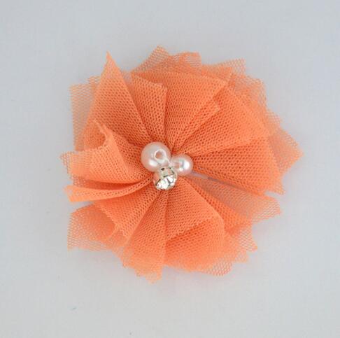 10 stks/partij 2.5 ''Mini Tulle Mesh Bloemen Met Strass Pearl Center Poof Bloemen Hoofdband Haar Accessoires: 15 orange