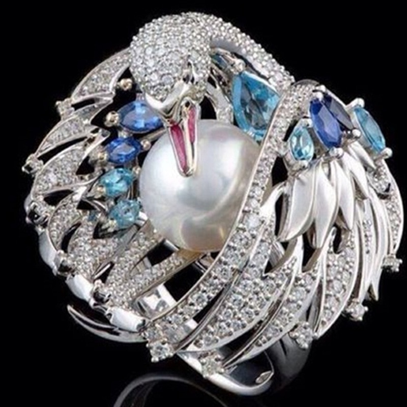 Neue Glänzende luxus vintage white swan perle hochzeit ring Verlobung Ringe für Frauen Mädchen Party Weibliche Anel bijoux Schmuck