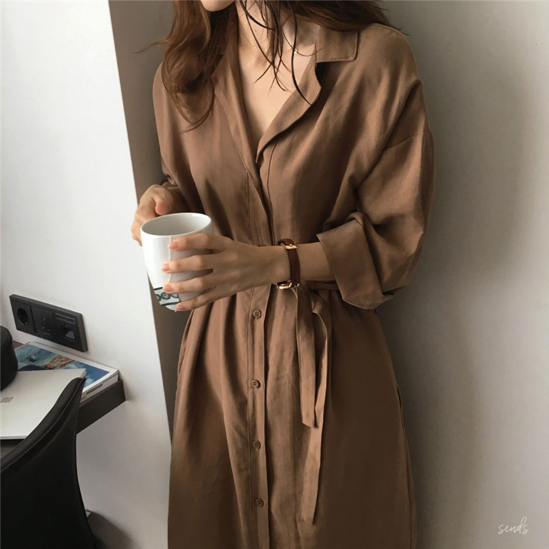 Herfst dames lang shirt plus size losse stijl casual revers vleermuismouwen vintage ol lang shirt vest blouse jas vrouwelijk
