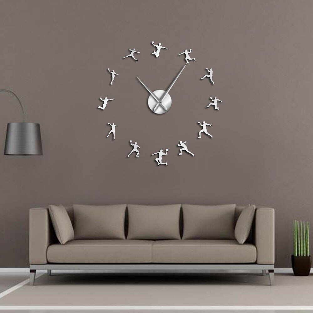 Reloj gigante de pared DIY, decoración deportiva para habitación de adolescentes, Bola de mano, pegatinas de espejo de silueta acrílica, Bola de mano