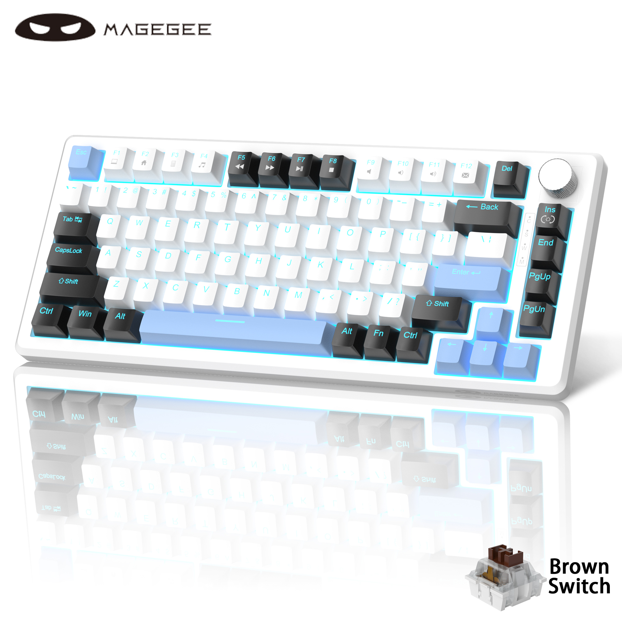 MageGee 75 % mechanische Spielen-Tastatur mit Knopfsteuerung, kompakte blaue, hintergrundbeleuchtete kabelgebundene Tastatur, schwarz/braune Schalter für PCWindows: Schwarz