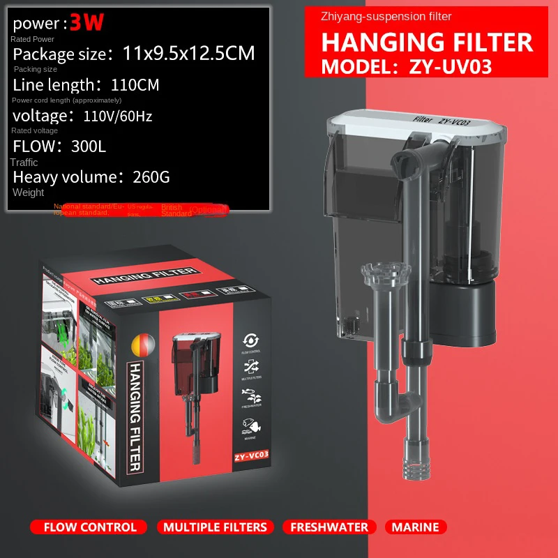 Aquarium Fish Tank Filter 110V 220V Wall Mounted Filter Pump Oil Removal Film External Grass Tank Filter Water Flow Adjustable: S / black