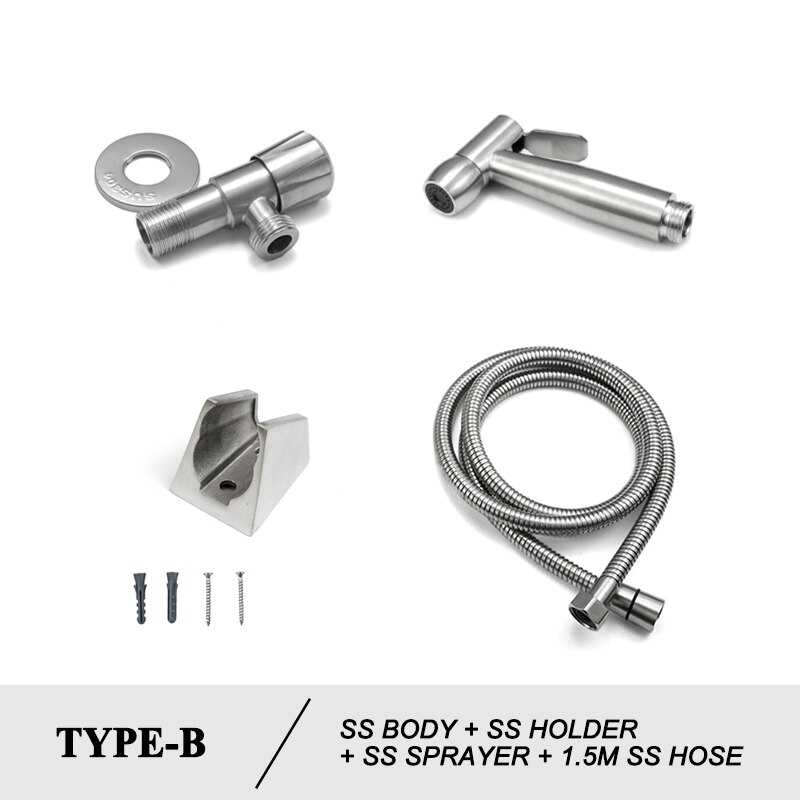 Brushed Steel Douche Kit Hand Held Bidet Sprayer Portable Toilet Bidet Faucet Shattaf Valve Jet Set Bathroom Hygienic Shower: B Set with SS Hose