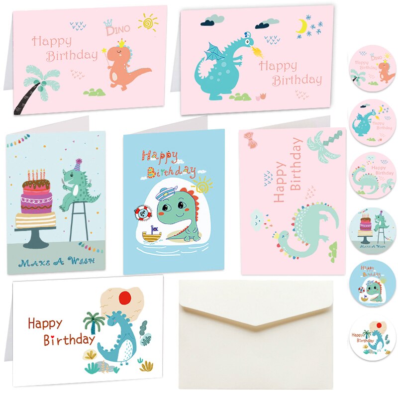 6 Sets Van Gelukkige Verjaardag Opvouwbare Kaart Sets Lege Binnenkant Jongen En Meisje Dinosaurus Party Wenskaarten Met Envelop stickers