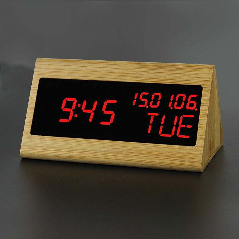 100% Bamboo Digital Alarm Clock Wooden LED Table Clock Electronic Despertador Desk Brightness Voice Snooze Control Temperature: 89-Red