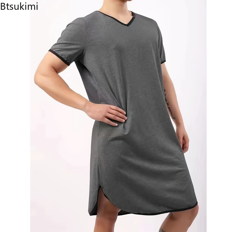 Men's Short-sleeved Lengthened Pajama Robes Loose Skin Friendly Casual Home Clothes Simple Vintage Bathrobe Men Nightgown