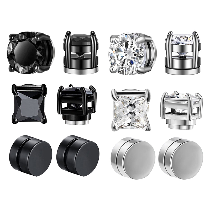 Crystal Strong Magnetic Ear Stud Clip Earrings for Men and Women Punk Round Zircon Magnet Earrings Non Piercing Jewelry: Imitation Rhodium Plated