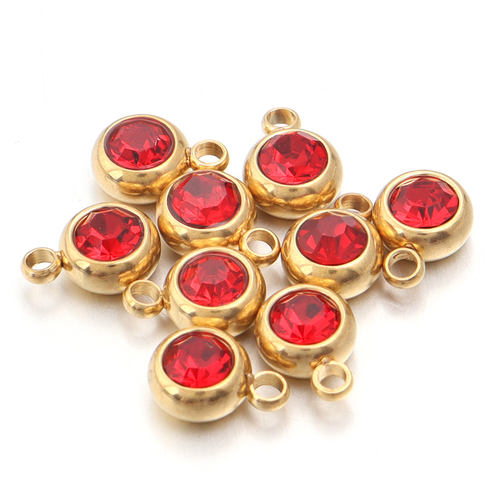 10pcs/lot Stainless Steel Birthstone Pendant 6mm Flat Round Rhinestone Charms Pendant For DIY Jewelry Making Necklace Bracelet: SILVER PLATED