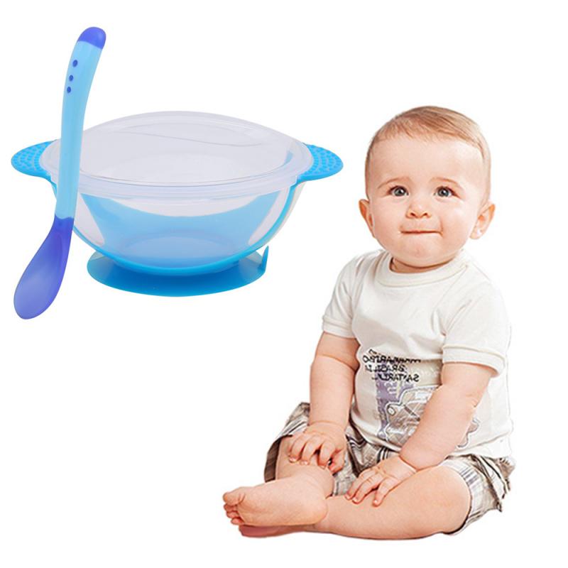Baby Feeding Training Bowl Temperature Sensing Spoon Assist Suction Cup Tableware Set M