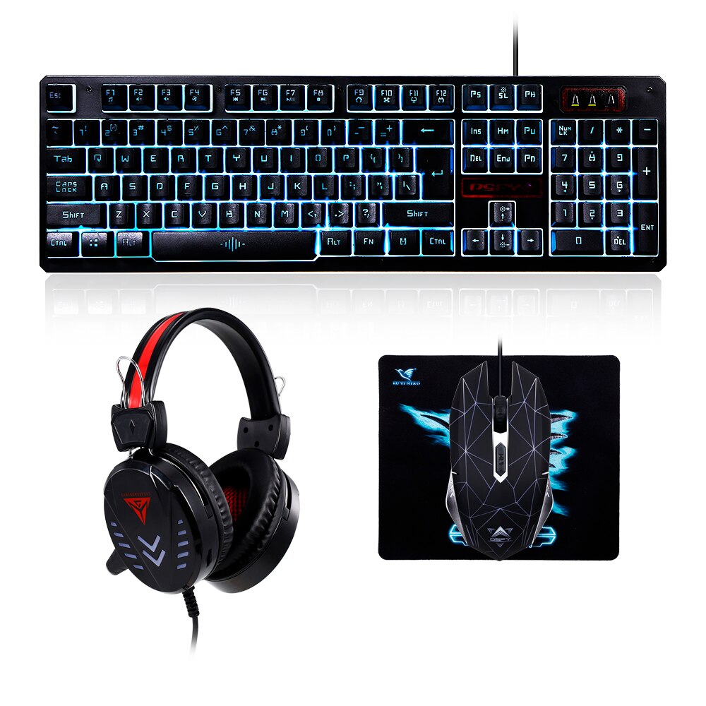 Gaming Keyboard Mouse Headset Set Wired Monochrome Backlight Keyboard Colorful LED Breathing Light Mouse Gaming Headset Combo: Blue Backlight