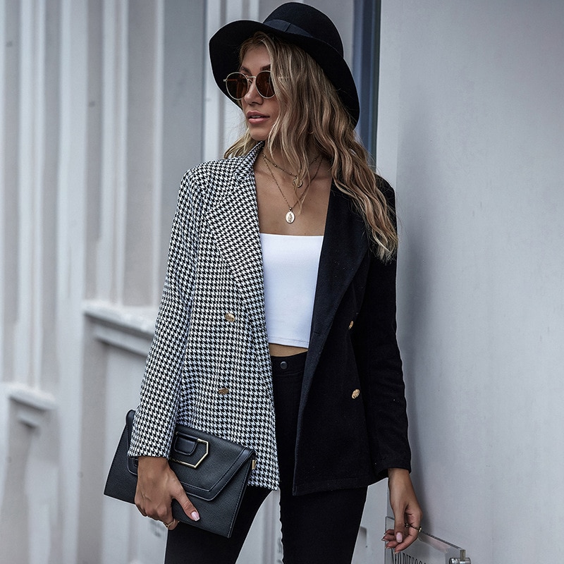 Alwaysq sort hvid gingham splice blazer overtøj kvinder kontor dame efterår forår dobbeltradet plaid casual frakker blazere