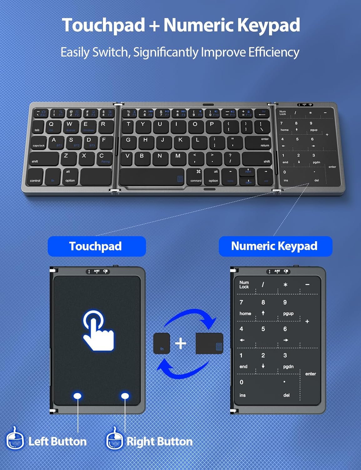Steam Deck Travel Foldable Keyboard, Portable Multi-Device Wireless Bluetooth Keyboard with Touchpad & Number Pad for Steam Deck